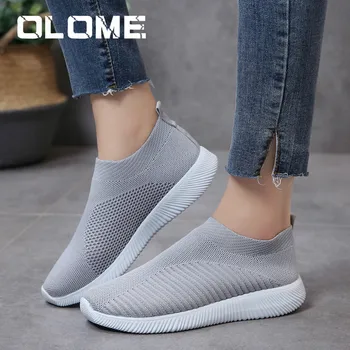 

OLOME breathable air mesh spring 2019 flat heels sneakers women casual slip on stretch knitted sock platform shoes woman flats