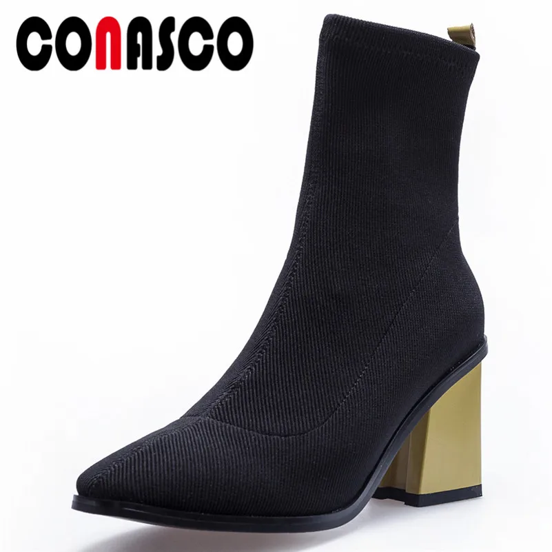 

CONASCO Fashion Stretch Women Ankle Boots High Heels Night Club Party Shoes Woman Sexy Pointed Toe Socks Boots Ladies Basic Boot