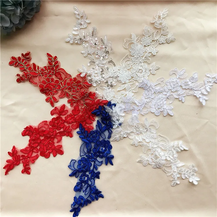 

1Pairs White Bone Line Embroidery Sequin Patch Red Baby Blue Flower Wedding Tiara Handmade DIY Bride