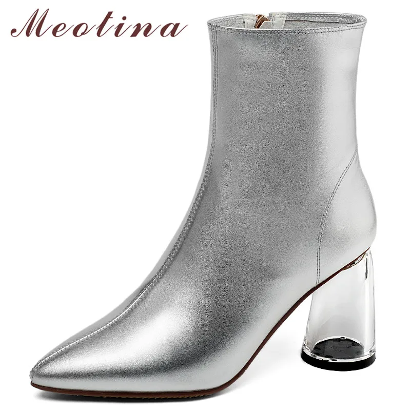 

Meotina Winter Ankle Boots Women Natural Genuine Leather Transparent Round Heels Short Boots Zip Super High Heel Shoes Lady Fall