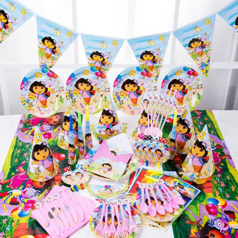 

1 Set Cute Dora Theme Tableware Set Birthday Party Decoration Kids Balloons Napkin Cups Tablecloth Flag Straw Party Supplies