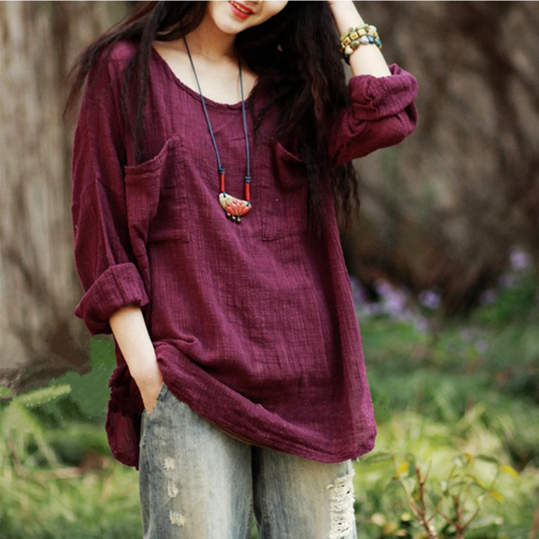 

2019 Casual Long Sleeve Shirt Tops 5XL Ladies Autumn Spring Cotton Linen Blouse Women's Pockets Tunic Basic Blusas Plus Size