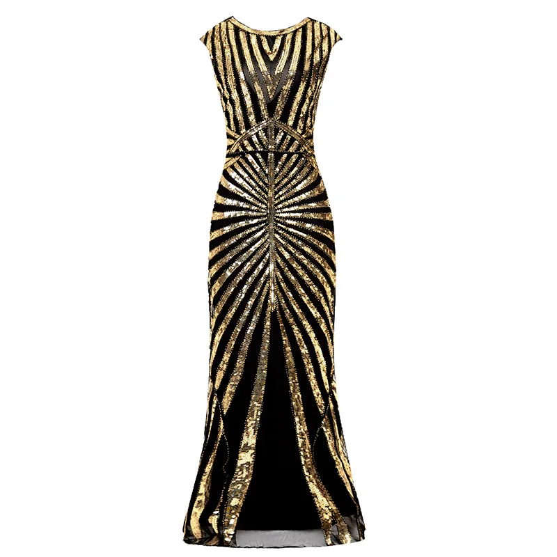 Женское платье 1920s Great Gatsby, длинное платье 20 s, винтажное платье с круглым вырезом, без рукавов, с открытой спиной, макси, вечерние платья для выпускного вечера, коктейльное платье - Цвет: Золотой