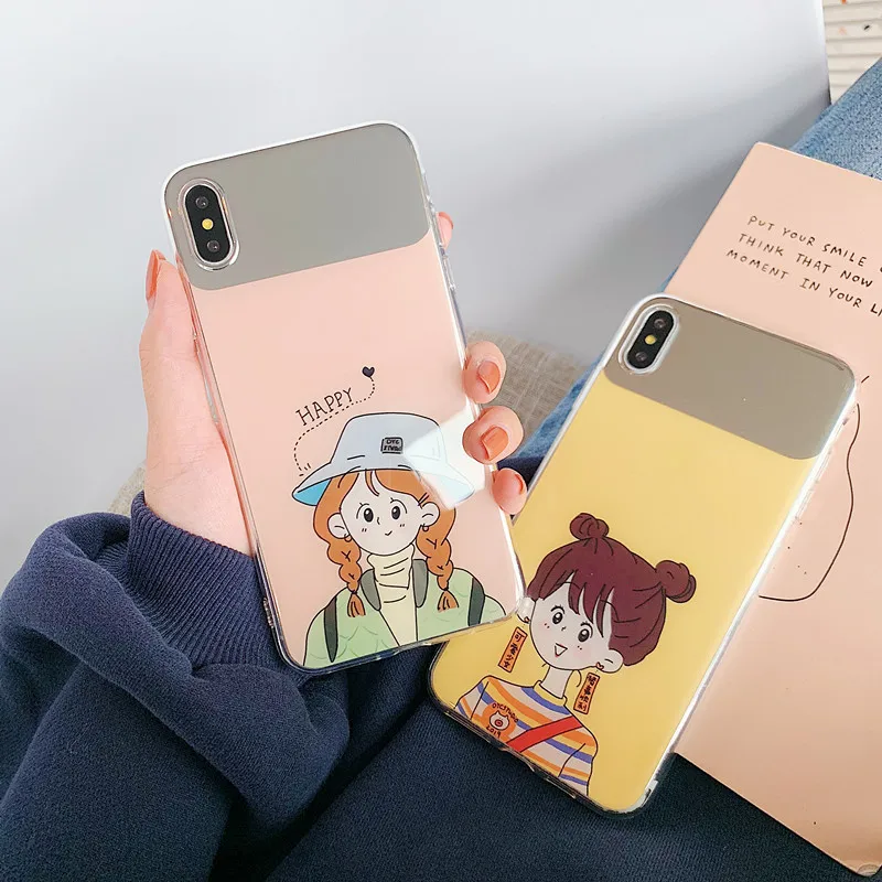 

BONVAN For iPhone X XR XS Max Case soft Cartoon girl mirror Protection Back Funda For iPhone 6 6s 7 8 Plus Phone Cover Coque