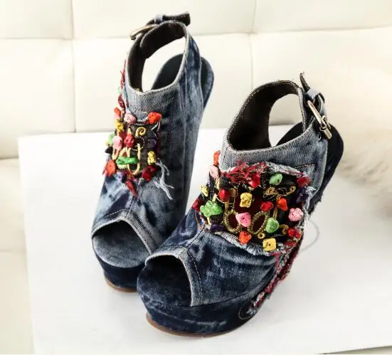 

Newest Fashion Bule Denim Wedges Heels Sandals Patch Work Design Cover Heel Ankle Boots Women High Heels Female Single Shoes