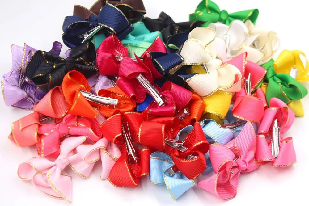 40 Pieces Baby Girls Bow Clips Boutique Grosgrain Ribbon Gold Thread 3" Hair Bows Alligator Hair Clips For Girls Toddlers Teens