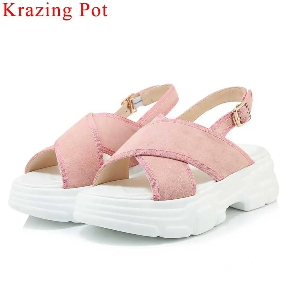 

Krazing Pot new cow suede buckle strap peep round toe women sandals slingback original designer shopping gladiator shoes L3f7