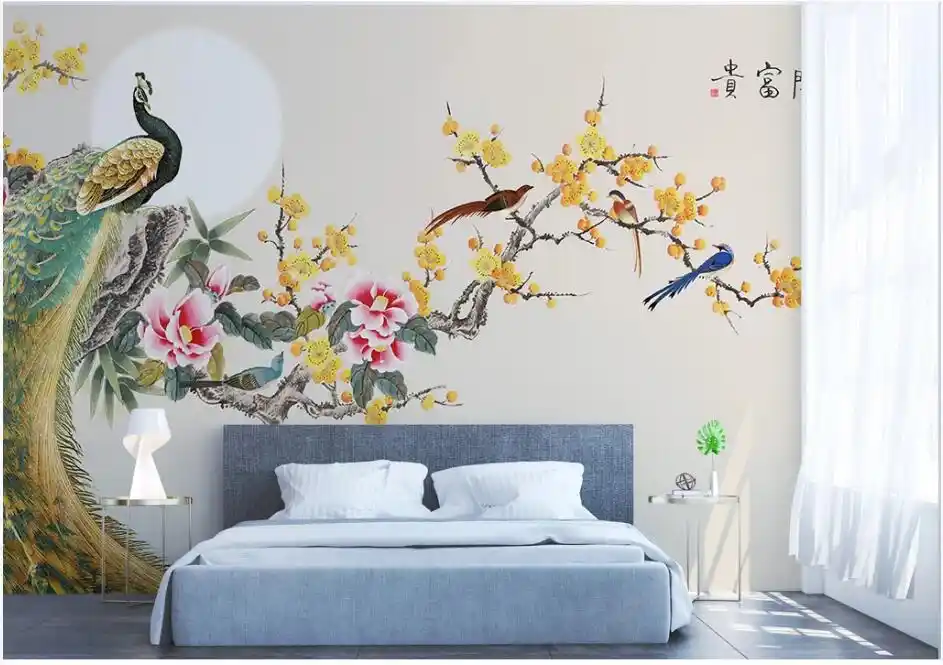 Custom Photo 3d Wallpaper Chinese Style Hand Painted Plum Peony Flower Peacock Room Decor 3d Wall Murals Wallpaper For Walls 3 D