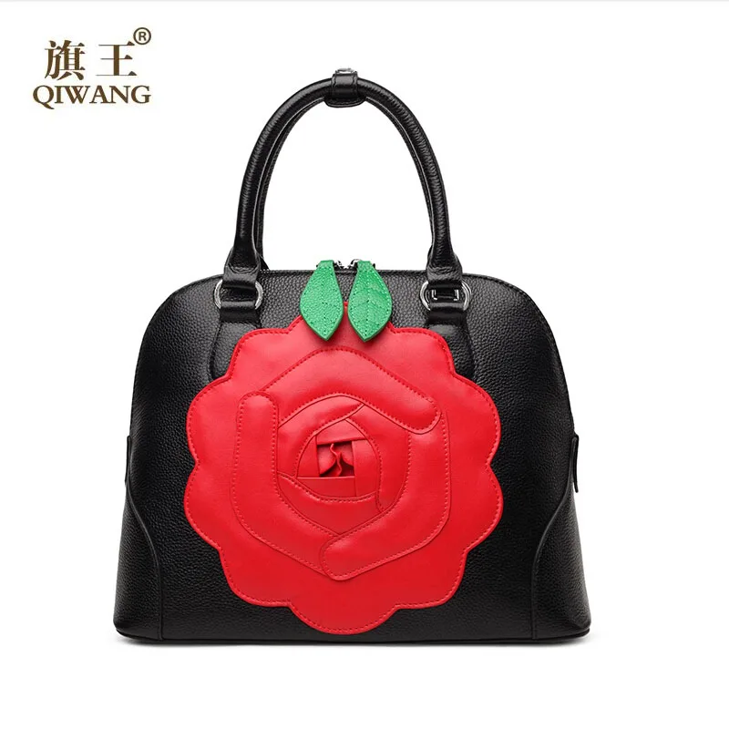 QIWANG women bag 2017 new genuine leather bag fashion green leaves red flower elegance shell bag women handbags shoulder bag
