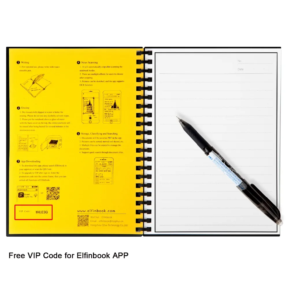 Cloud Storage App Wirebound Notebook 6.9x9.8-3 x Pens 1 x Eraser Erasable 60 Pages & Reusable 500+ Water-to-Erase Elfinbook Smart Notebook 