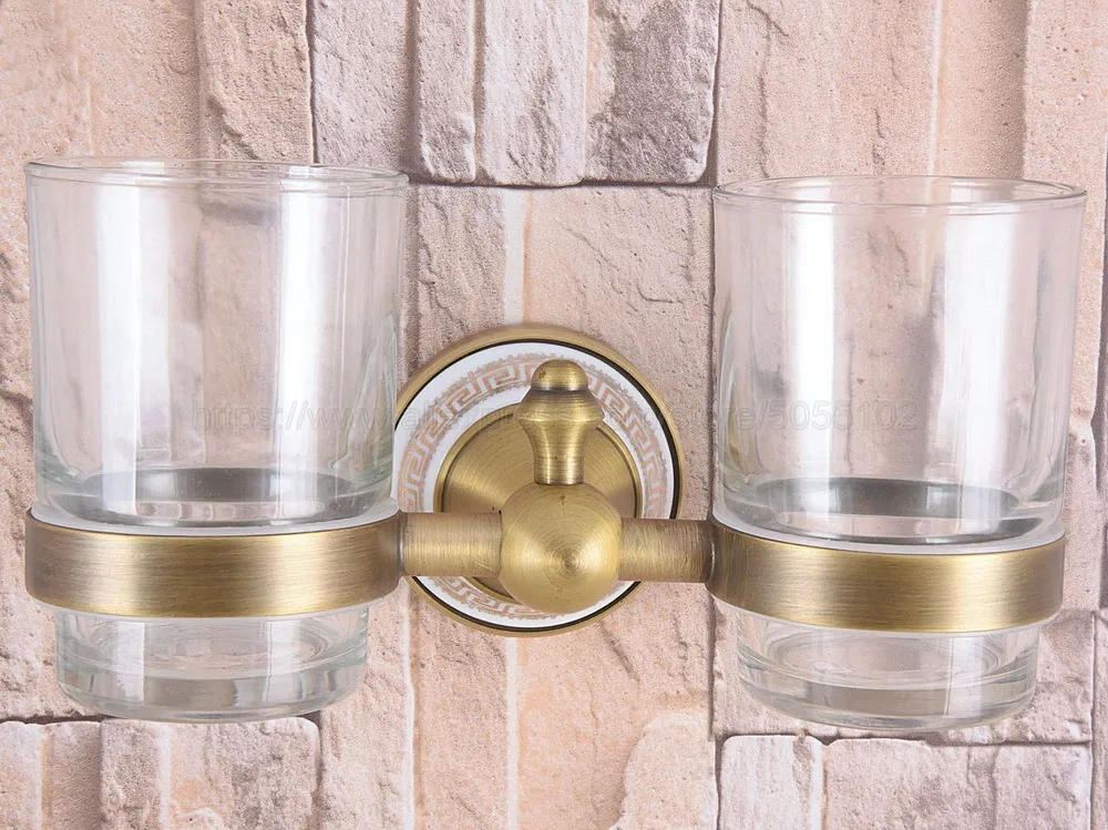 Antique Brass Cup & Tumbler Holders Toothbrush Holder With 2 Glass Cups Wall Mounted Ceramic Bathroom Accessories zba583