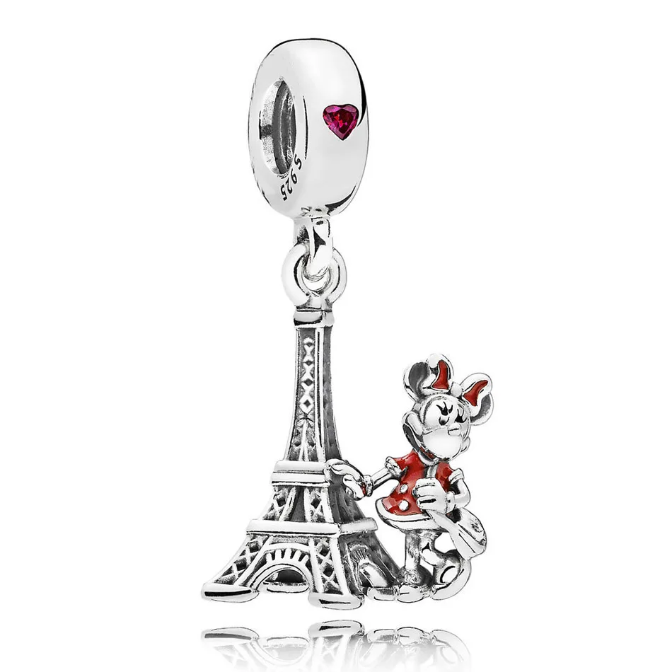

Authentic 925 Sterling Silver Enamel Minnie Mouse Eiffel Tower With Crystal Pendant Charm Fit Pandora Bracelet Bangle Jewelry