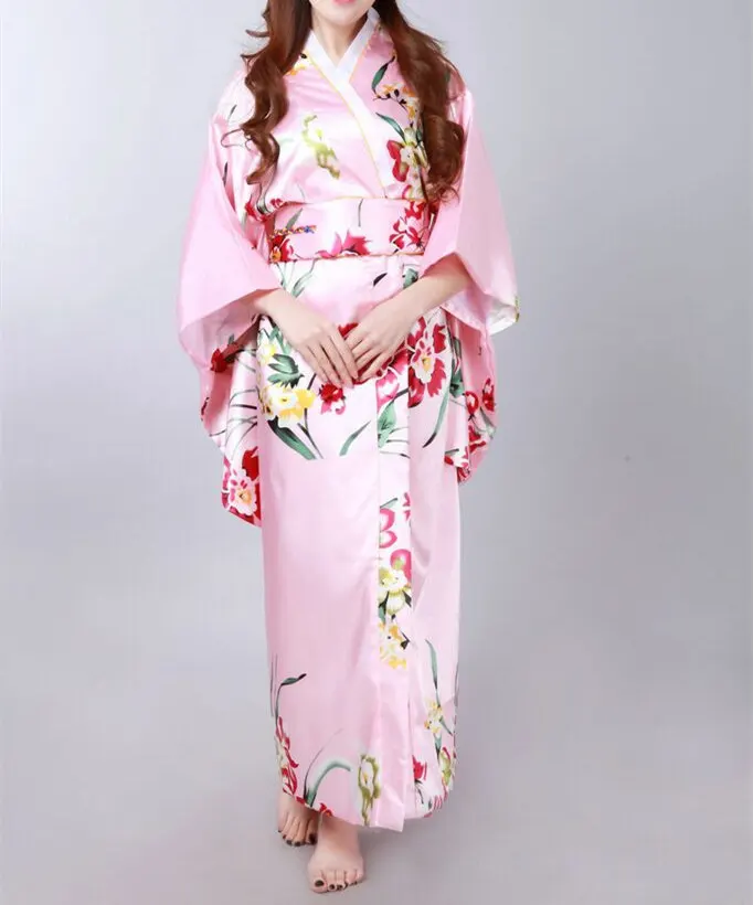 Новое поступление зеленый Винтаж японский Для женщин шелковый атлас кимоно юката вечернее платье Цветок Один размер Бесплатная доставка