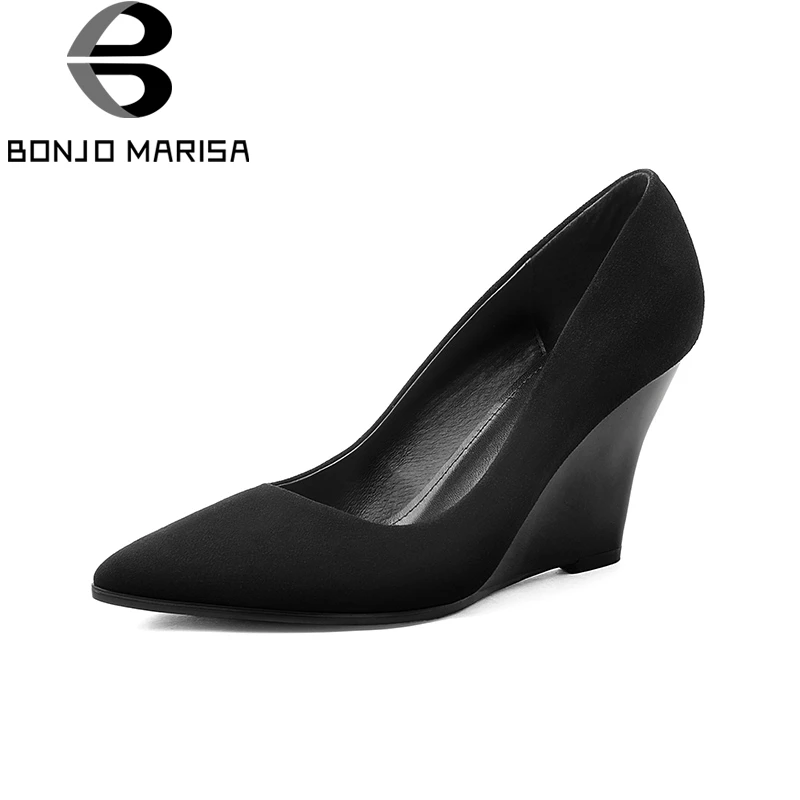 

BONJOMARISA 2018 Kid Suede Wedge High Heels Large Size 33-40 Pointed Toe Shoes Woman Slip On Black Pumps Woman Shoes