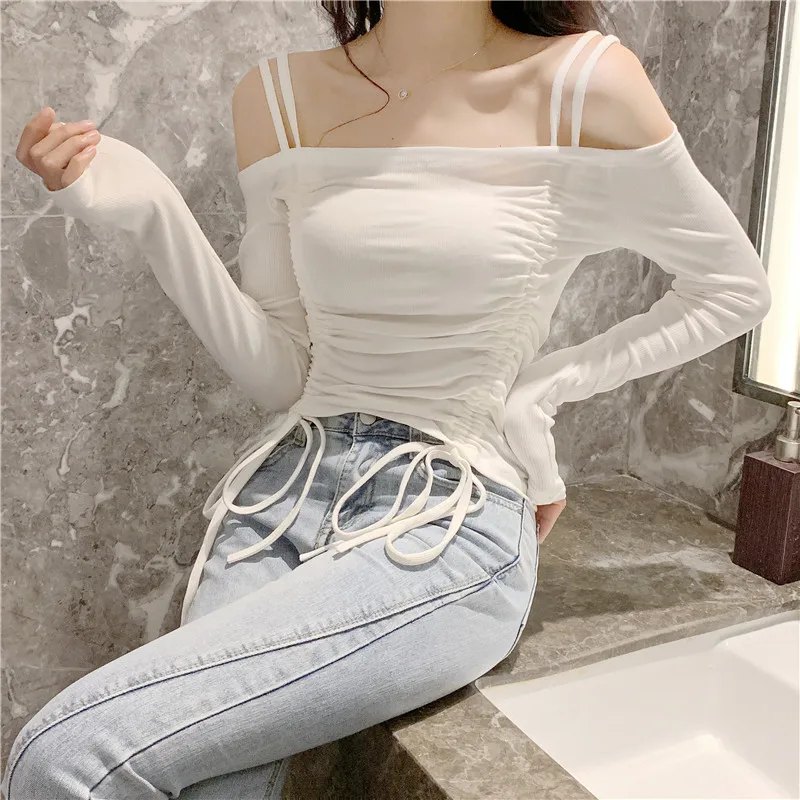 

Sannian 2019 Spring New Korean Version With A Drawstring Dew Navel One-neck Short Short Slim Inside Bottoming Shirt Sexy & Club