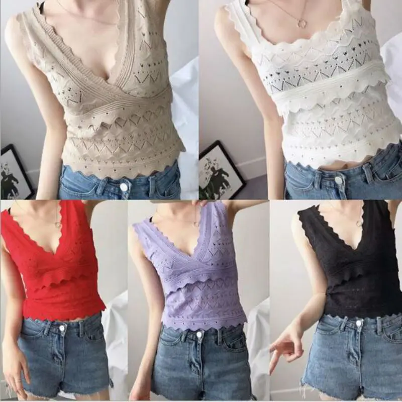 

Sexy Knitted Based Sleeveless Vest Tank Top Tee T-Shirt Black White Solid Camisole Cami Shirt Slim Women Tops
