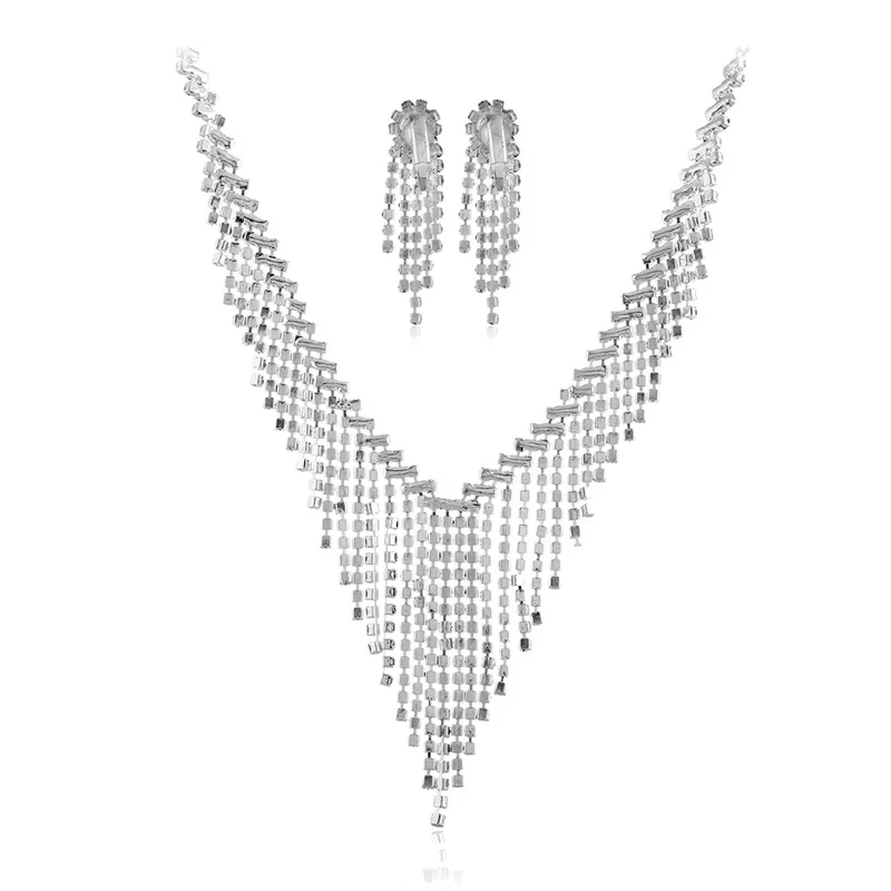 

Bridal Korean luxury tassel necklace earrings fashion pop metal boutique silver women jewelry set