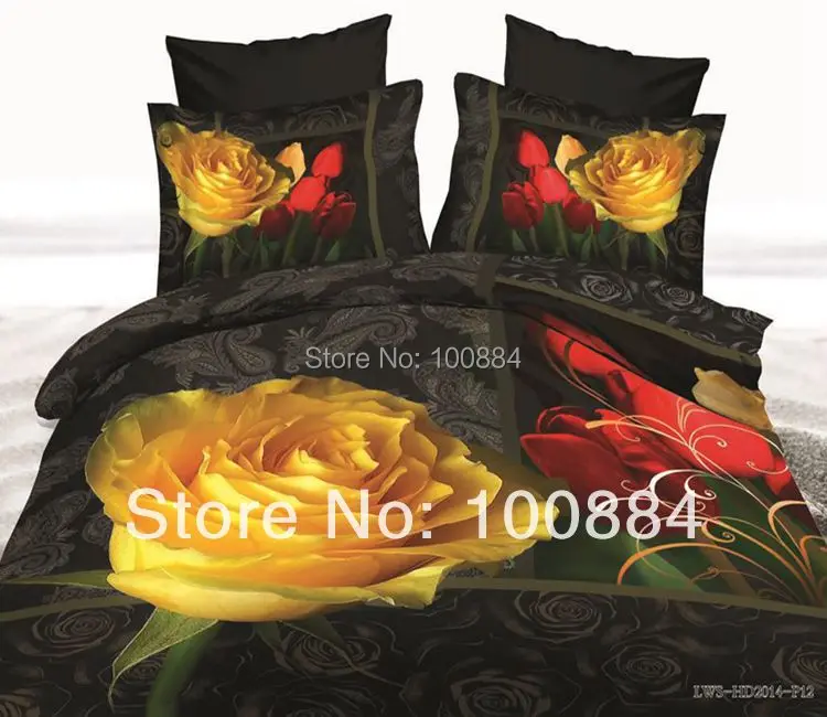 3d yellow rose queen bedding set,4pc bedding sets without filler,black