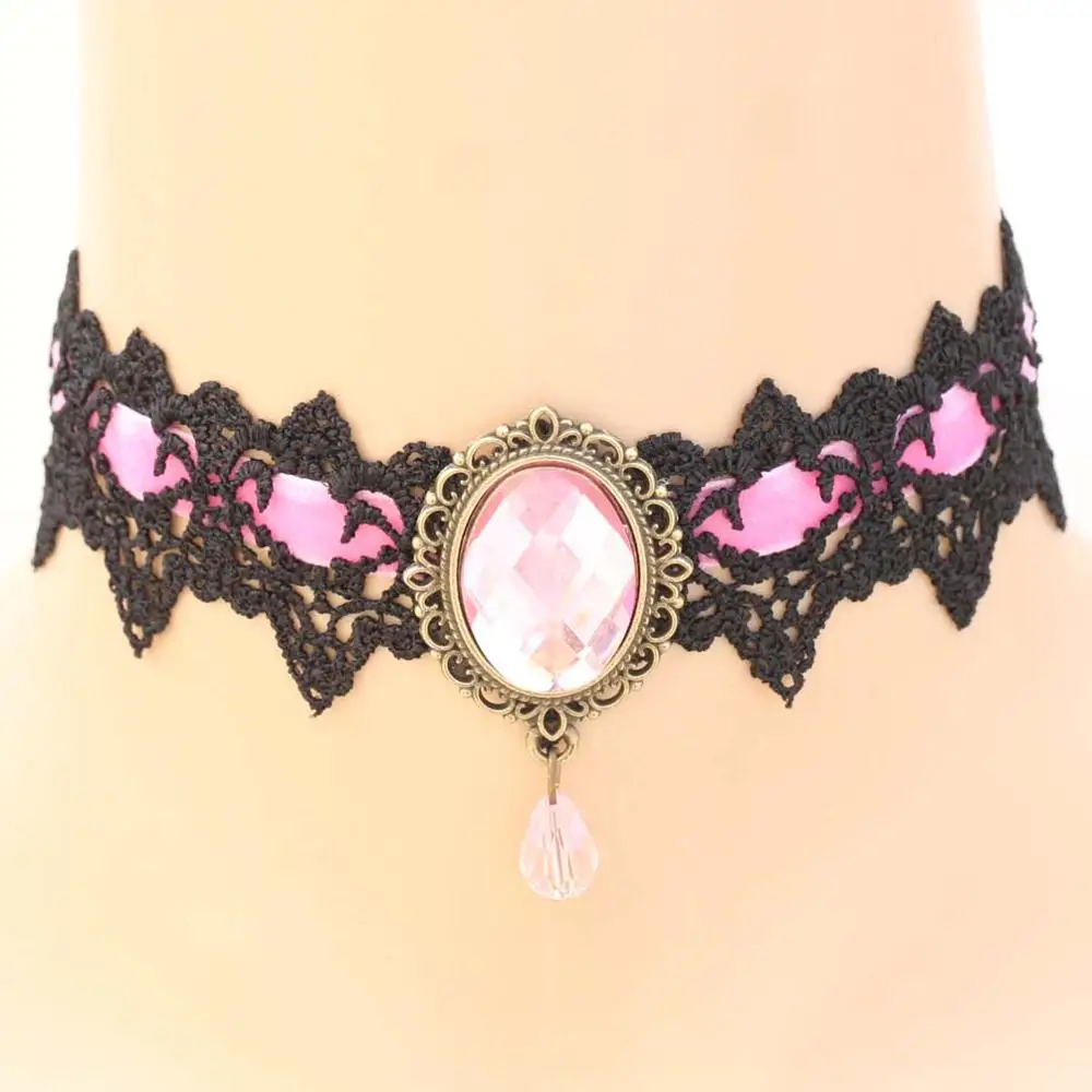 Модный женский винтажный, готический, в стиле панк Викторианский кулон ожерелье ювелирные изделия кружевной воротник колье кристалл - Окраска металла: pink