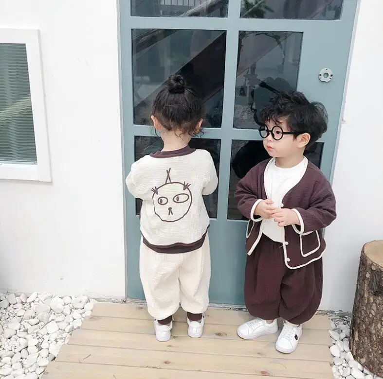 Japanese style boys girls cartoon pure cotton clothes sets kids single-breasted long sleeve jacket+ loose pants 2pcs suits