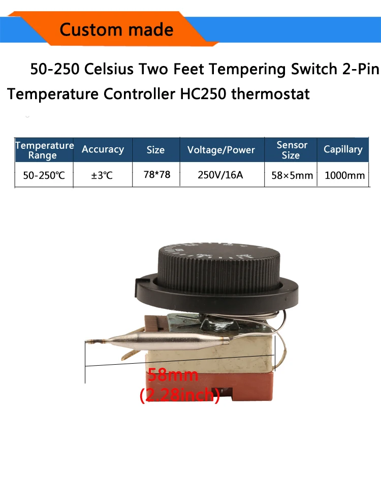 В переменного тока, 50-250 градусов по Цельсию два средства ухода за кожей стоп отпускной переключатель 2-контактный Температура контроллер циферблат капиллярный термостат нормально замкнутый