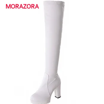 

MORAZORA 2018 new autumn winter round toe super high heel boots square heel over the knee boots high quality pu leather boots