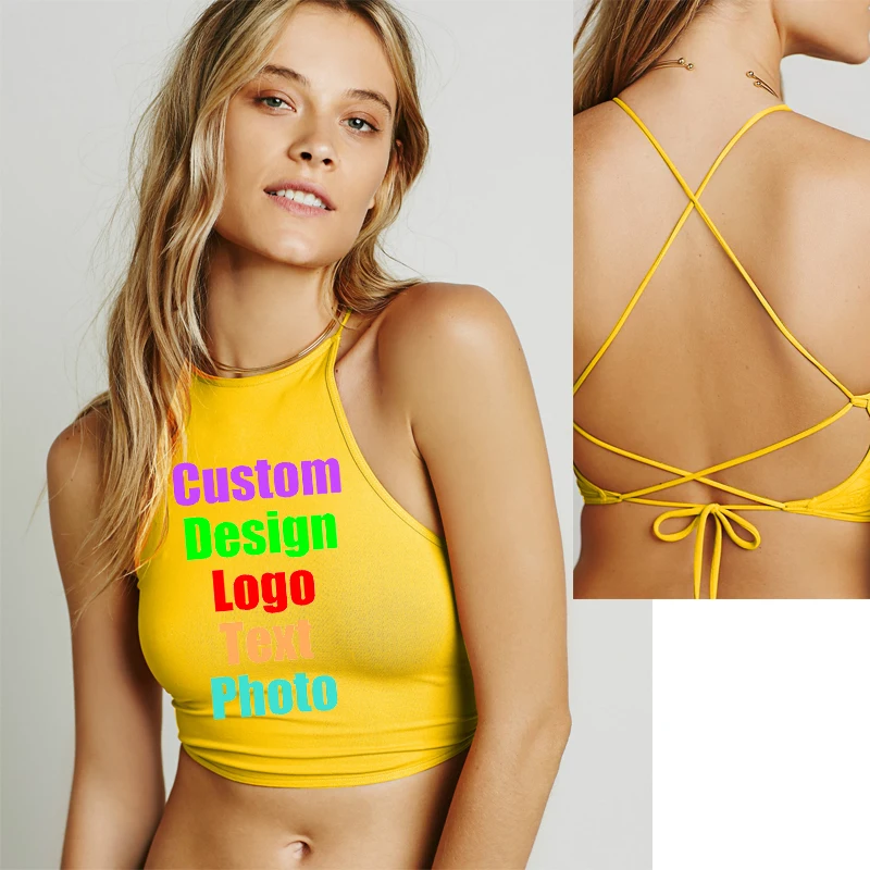 

Sexy Night Club Beachwear Bathing Tops Women Crossing Backless Bandage crops Custom Logo Photo Text Printed Female Tees Shirts