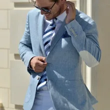 Новейший дизайн синий льняной смокинг жениха для пляжной свадьбы 2 шт. Повседневный стиль локоть Patched Блейзер шафера Лучший мужской костюм Terno