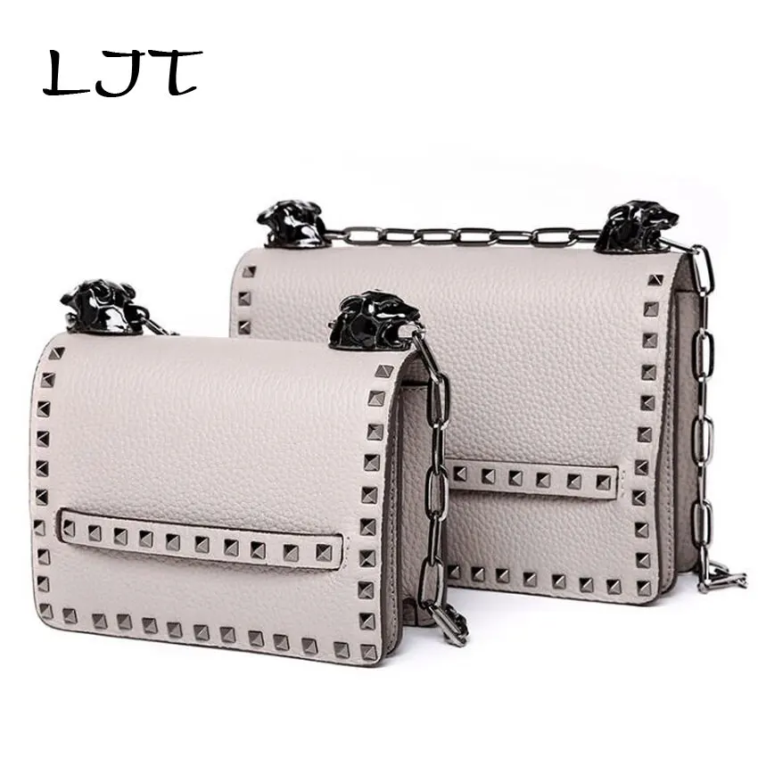

LJT 2018 New Rivets Chain Shoulder Bag European Fashion Genuine Leather Women Handbags Lady Party Tote Bag Dress Crossbody Bag