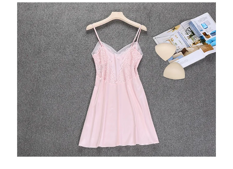 Satin Sexy Nightwear Ladies Sling Night Dress Plus Size Silk Nightdress for Female V Neck Womens Nightgown Sleepwear Chest Pads 49 (8)