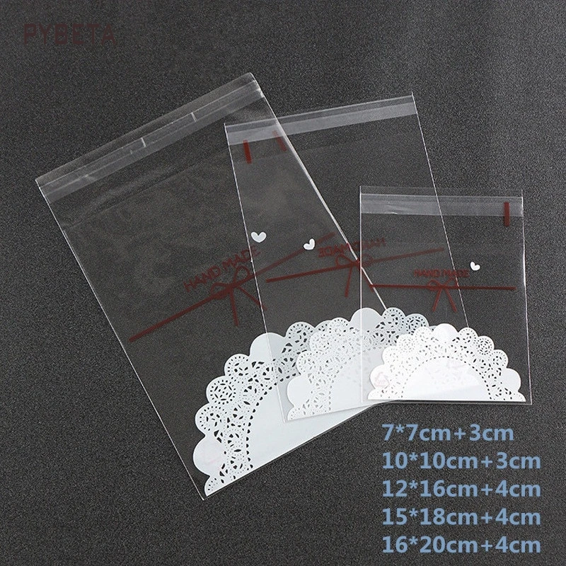 200pcs- Lovely Lace Bowknot Bread Cookie Bag Transparent Plastic Self-adhesive Pouch Biscuits Candy Sample Gift Packaging Bags