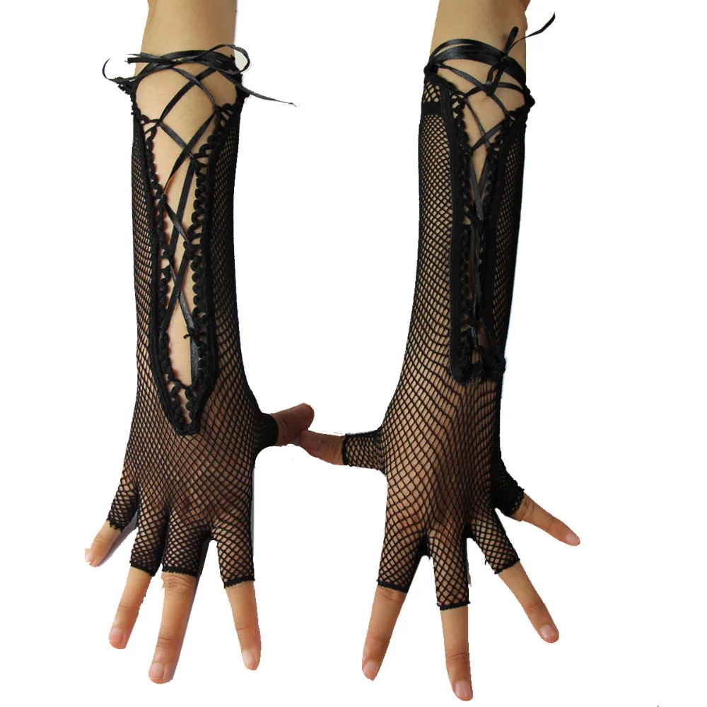 Women Long Elbow Length Fingerless Lace Up Gloves Arm Warmers