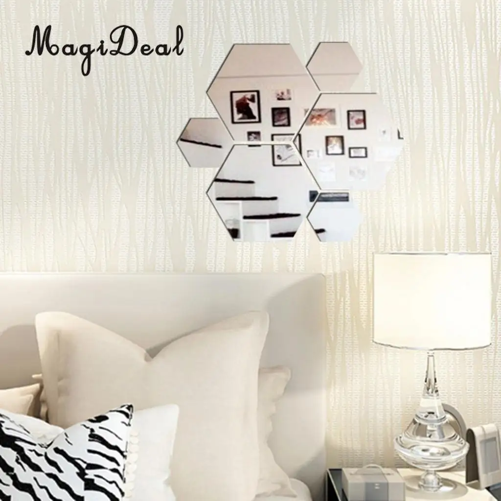 7Pcs 3D Mirror Surface Hexagon Vinyl Removable Sticky Wall Sticker Decal Coffee Cafe Bar Chic Decor Art Mural DIY