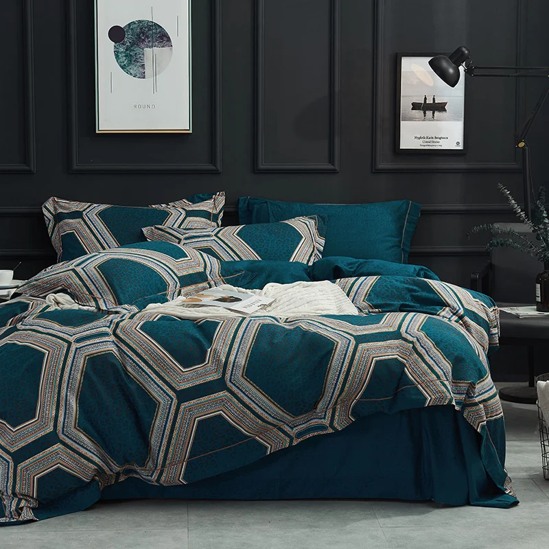 

Blue Bedding Sets 4pcs Geometric Pattern Bed Linings Duvet Cover Bed Sheet Pillowcases Cover Set