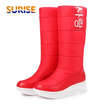 

2018 Winter Women Snow Boots Round Toe Warm Down Plush Mid-calf Boots Red Outdoor Waterproof Half Wedge Platform Boots Size 44