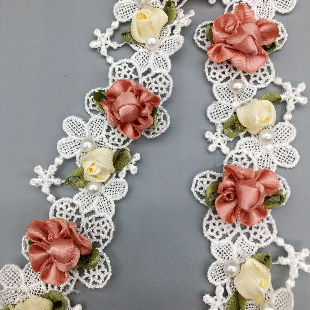 Elegant Rose Pearl Beaded Lace Trim Ribbon