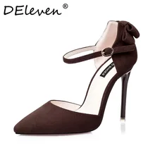 2016 New Vogue Mary Janes Suede Bowknot Pointed Toe High Heel Pumps Buckle Strap Women Shoes Sexy Zapatos Mujer Black Gray Brown
