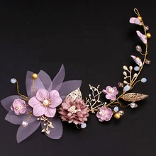 Ручной работы фиолетовый цветочный ободок для волос Золотая ветка лист кристалл свадебный головной убор жемчужные бусы свадебные волосы лоза для женщин ювелирные изделия