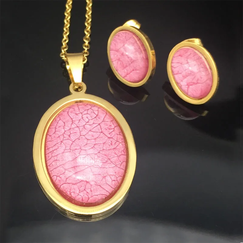 ГОРЯЧЕЕ Золото Тон 316L ювелирный набор из нержавеющей стали Розовый Овальный Большие серьги-гвоздики с камнем кулон ожерелье женские аксессуары