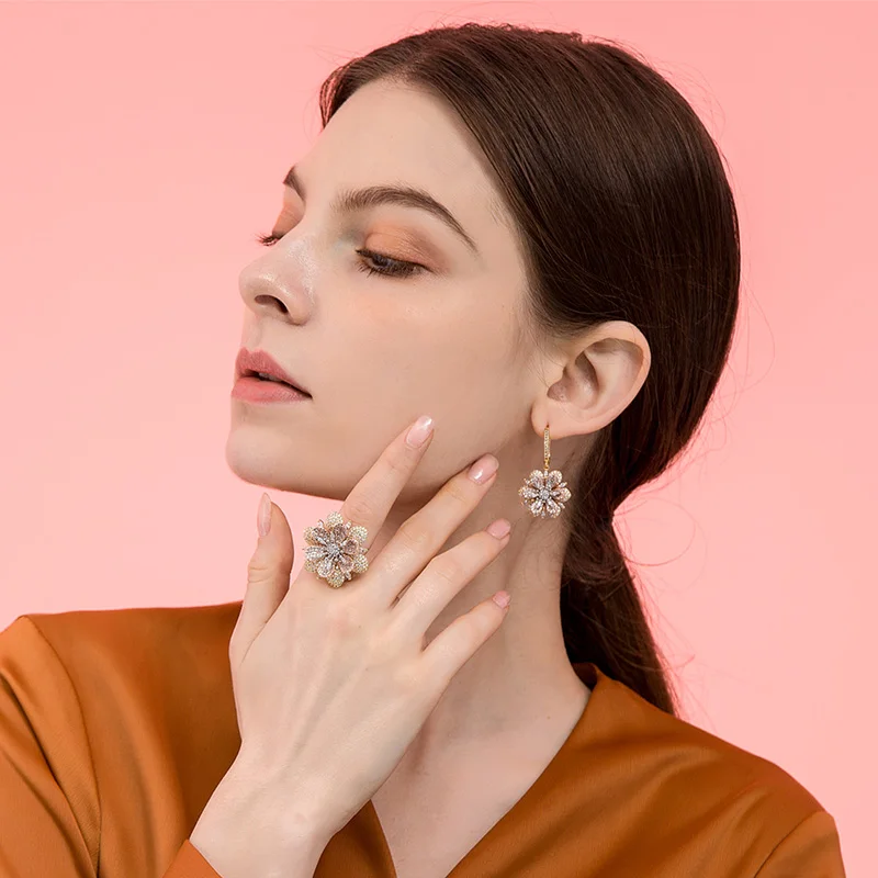 

MECHOSEN Elegant Flower Drop Earrings Ring Set Luxury AAA Zirconia Women Bridal Wedding Jewelry Sets Rose Gold Color Brinco Anel