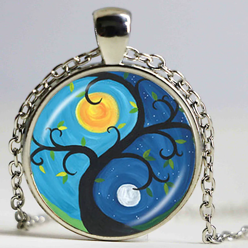 Yin Yang Mandala with Tree of life  Cabochon Glass Bronze Pendant Necklace