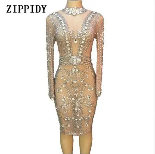 

Fashion Sparkly Big Crystals Mesh Perspective Dress Evening Party Birthday Celebrate Costume Singer Performance Dress
