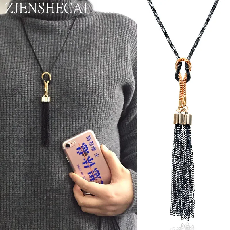 

Black color Women Necklaces Exquisite All Match Chain Tassel Sweater Long Chain Necklace Delicate jewelry gift girl