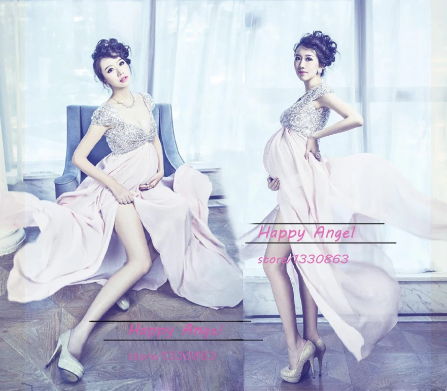 

New Maternity Pregnant Women Photography Props Pink Dress Noble Beautiful Fancy Costume Personal Photo Shoot Baby Shower V-Neck