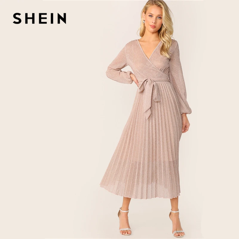 SHEIN модное блестящее плиссированное платье с v-образным вырезом и поясом, летнее платье трапециевидной формы,, гламурные розовые платья с высокой талией