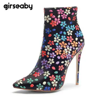 

Girseaby Stiletto Heels Ankle boots for women Satin Pointed Toe Bootie Warm Thin High Heels Female Party Shoes Embroider E070