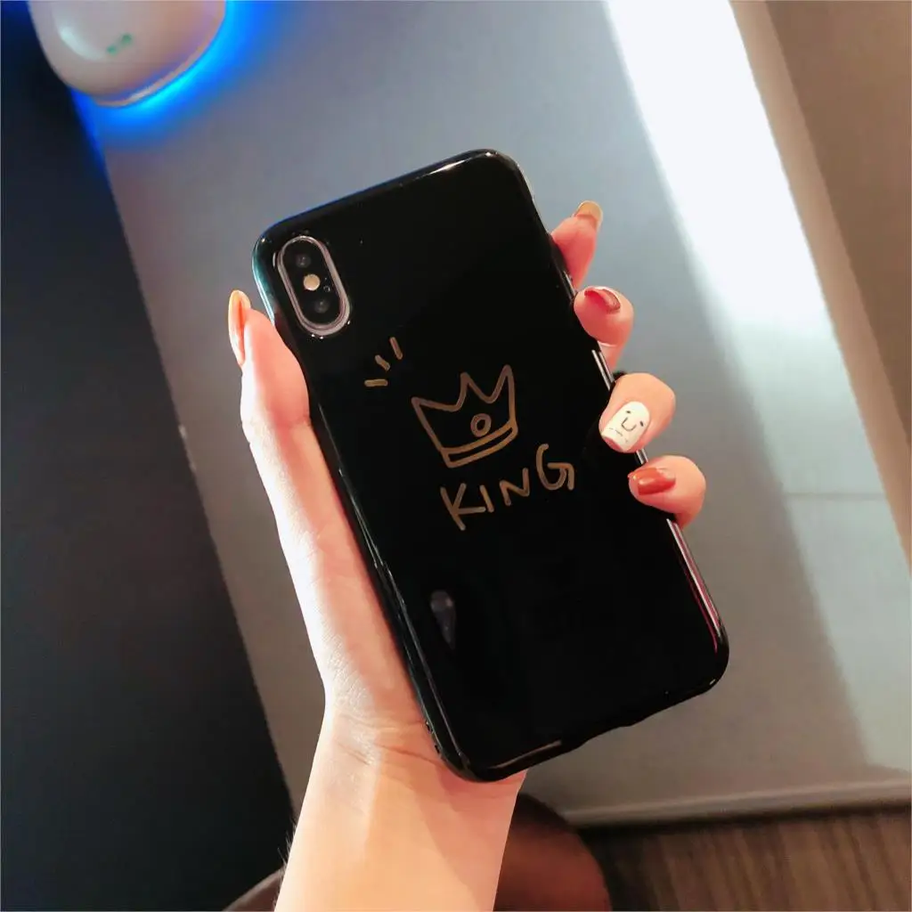 Glossy Crown Phone Case For iphone X Case For iphone 7 Plus 6 6S 8 Plus Cute Letter KING QUEEN Soft TPU Couples Back Cover