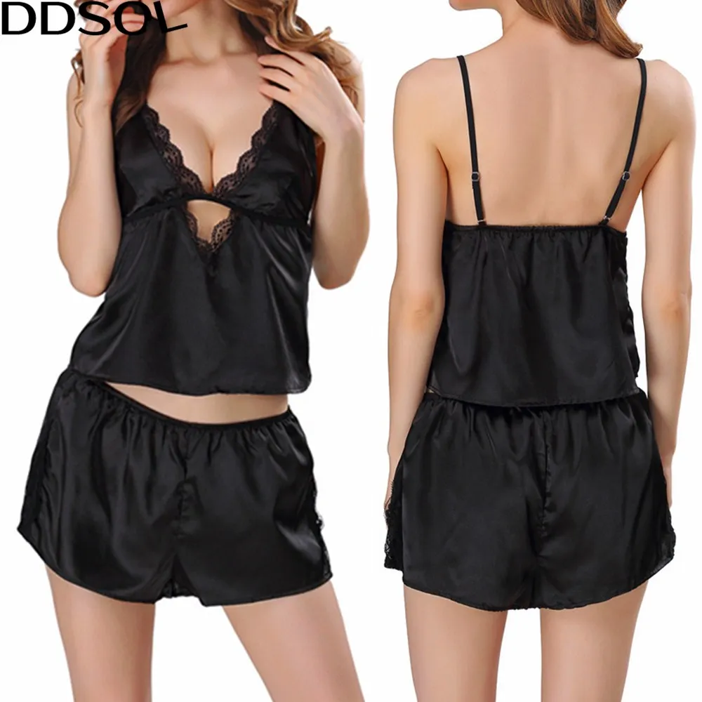 DDSOL Solid Lace Cup Spaghetti Strap Pajama Set Summer Style Silk Satin