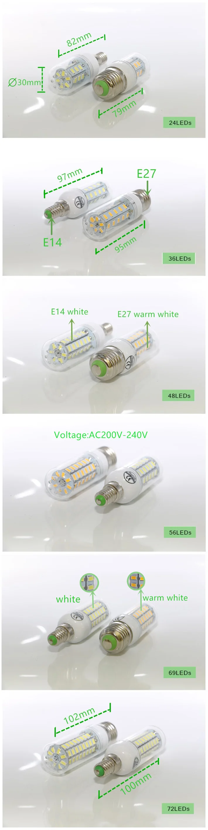 E27 светодиодный светильник 5730 SMD 220V E14 светодиодный лампы кукурузы 24 36 48 56 69 72 светодиодный s люстры лампы в форме свечи светодиодный светильник Lampada Bombillas ампулы