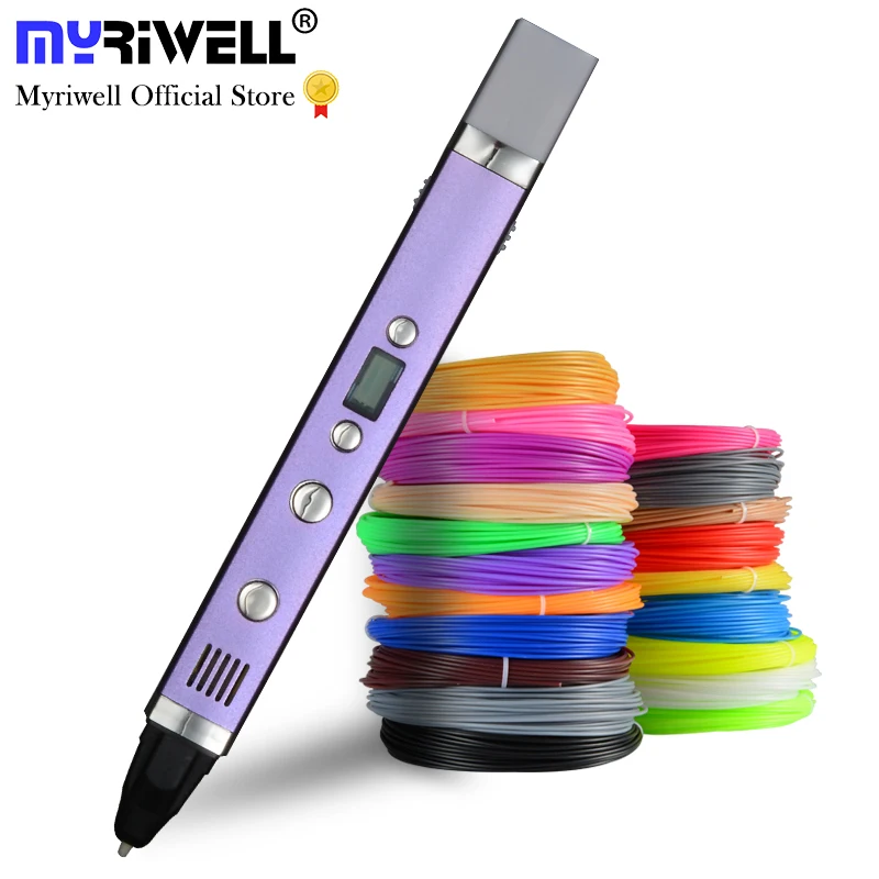 Myriwell caneta led de tela, 1.75mm abs/pla diy 3d, carregamento usb 3d impressão caneta + 100m filamento, criativo, brinquedo, presente para crianças, design